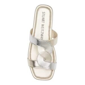 NEW Stuart Weitzman 7.5 Ibiza Woven-Strap Flat Slide Sandal Metallic Silver Gold